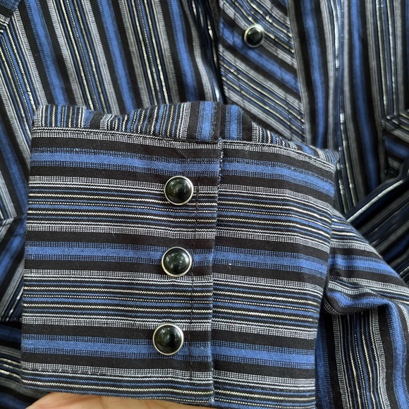 Vintage Wrangler  Western Dress Shirt Pearl Snap Men  XL/TG Metallic Silver Blue - Picture 6 of 11